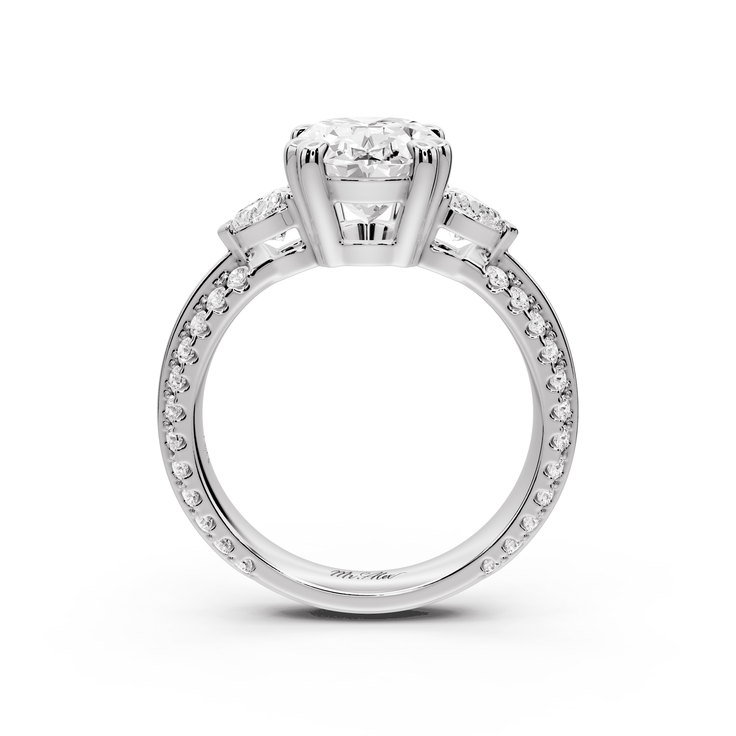 Elinor - 3ct platinum oval diamond Double talon prongs with two heart side stones and rollover pavé engagement ring - Mr. Alex Jewelry