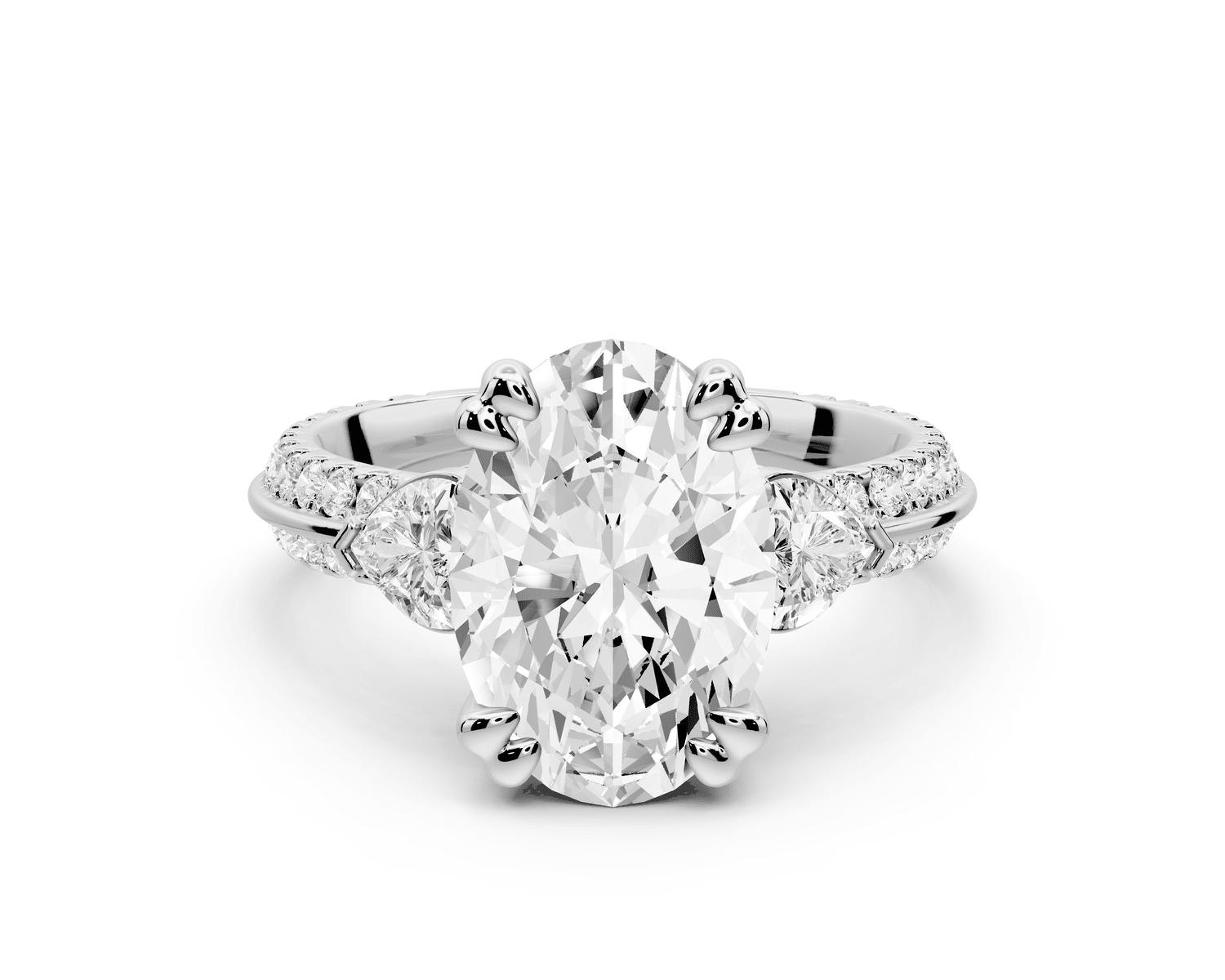 Elinor - 3ct platinum oval diamond Double talon prongs with two heart side stones and rollover pavé engagement ring - Mr. Alex Jewelry