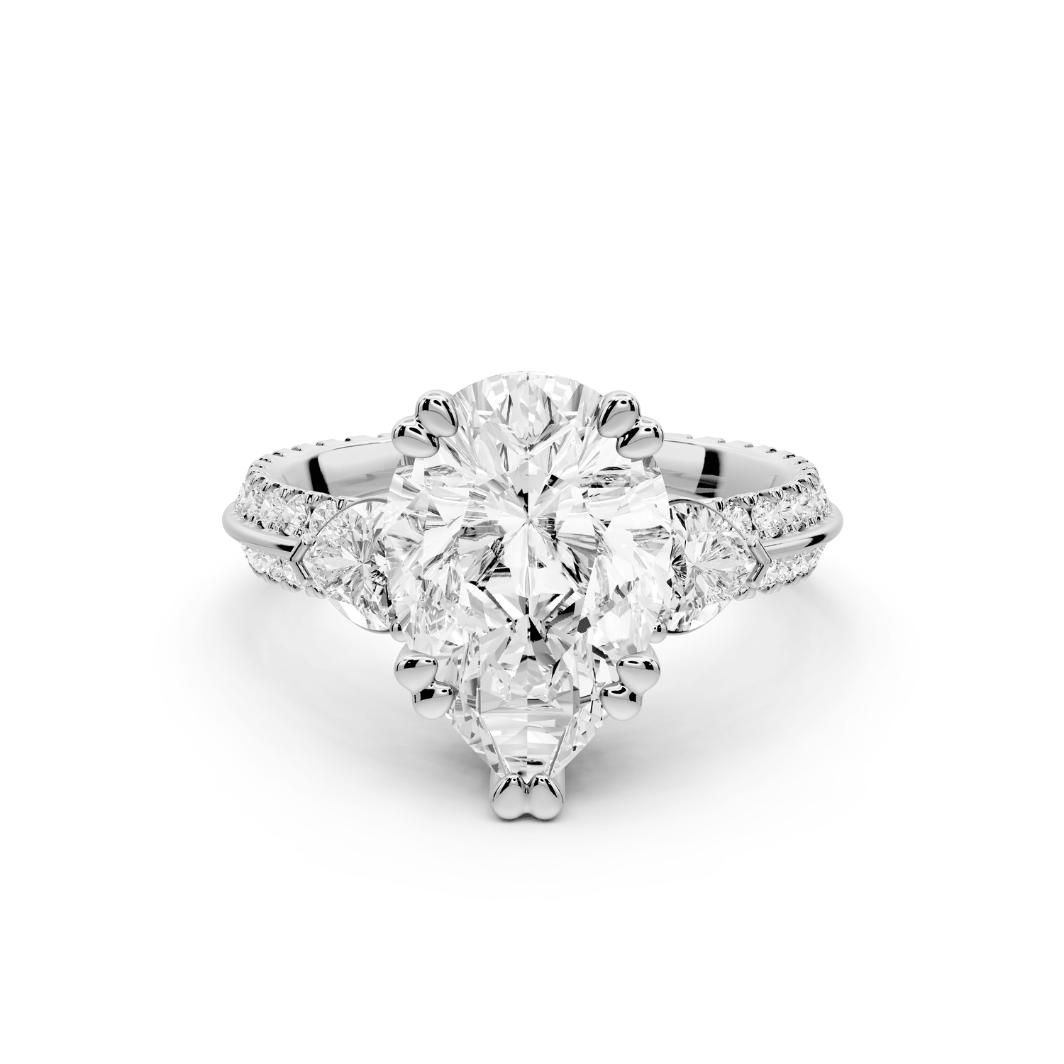 Elinor - 3ct platinum pear diamond Double talon prongs with two heart side stones and rollover pavé engagement ring - Mr. Alex Jewelry