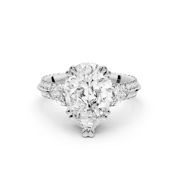 Elinor - 3ct platinum pear diamond Double talon prongs with two heart side stones and rollover pavé engagement ring - Mr. Alex Jewelry