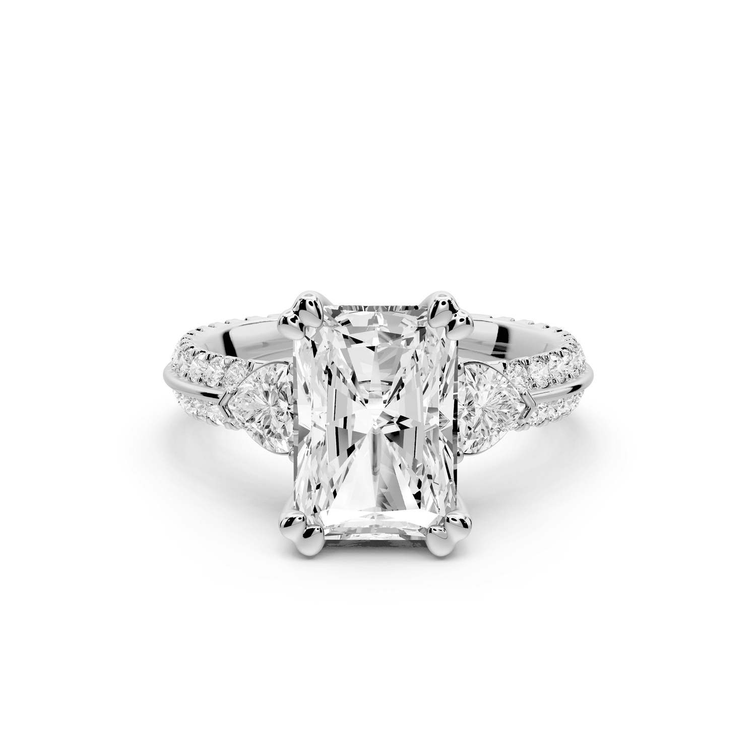 Elinor - 3ct platinum radiant diamond Double talon prongs with two heart side stones and rollover pavé engagement ring - Mr. Alex Jewelry