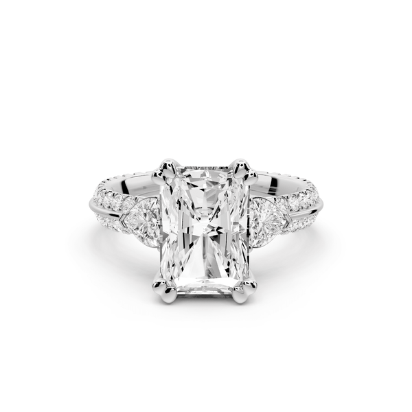 Elinor - 3ct platinum radiant diamond Double talon prongs with two heart side stones and rollover pavé engagement ring - Mr. Alex Jewelry