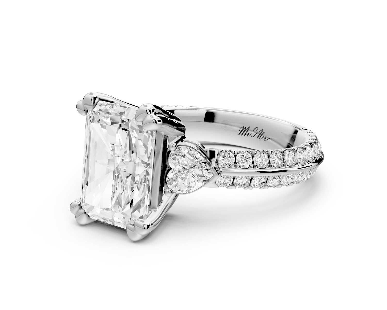 Elinor - 3ct platinum radiant diamond Double talon prongs with two heart side stones and rollover pavé engagement ring - Mr. Alex Jewelry