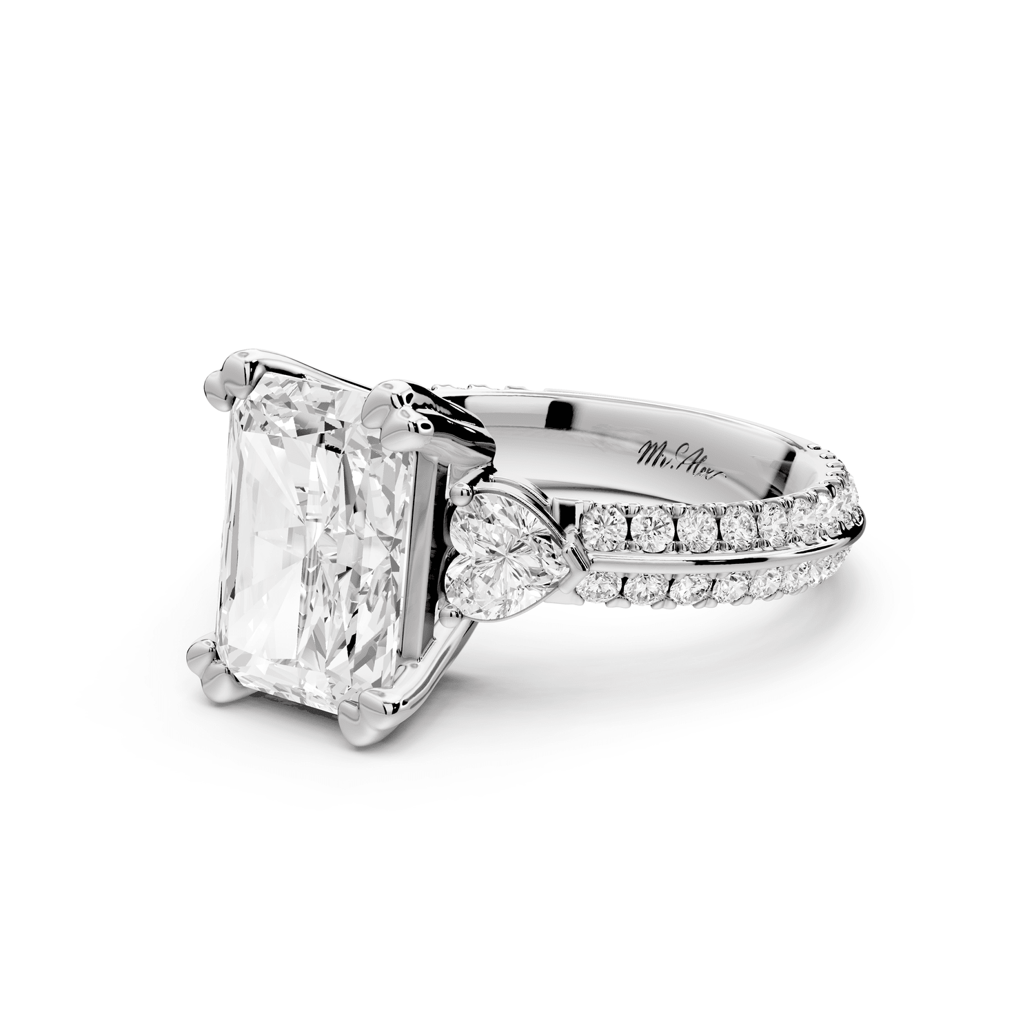 Elinor - 3ct platinum radiant diamond Double talon prongs with two heart side stones and rollover pavé engagement ring - Mr. Alex Jewelry