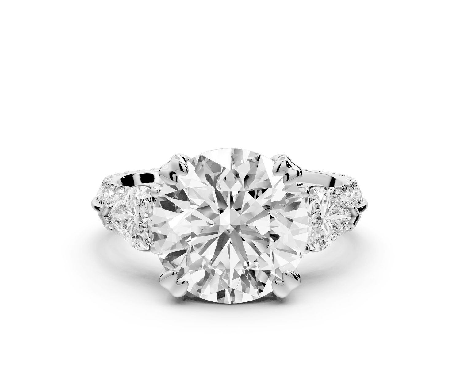 Elinor - 3ct platinum round diamond Double talon prongs with two heart side stones and rollover pavé engagement ring - Mr. Alex Jewelry