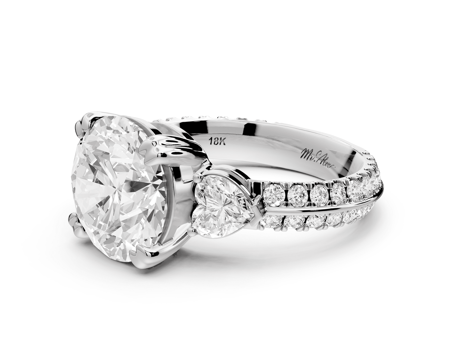 Elinor - 3ct platinum round diamond Double talon prongs with two heart side stones and rollover pavé engagement ring - Mr. Alex Jewelry