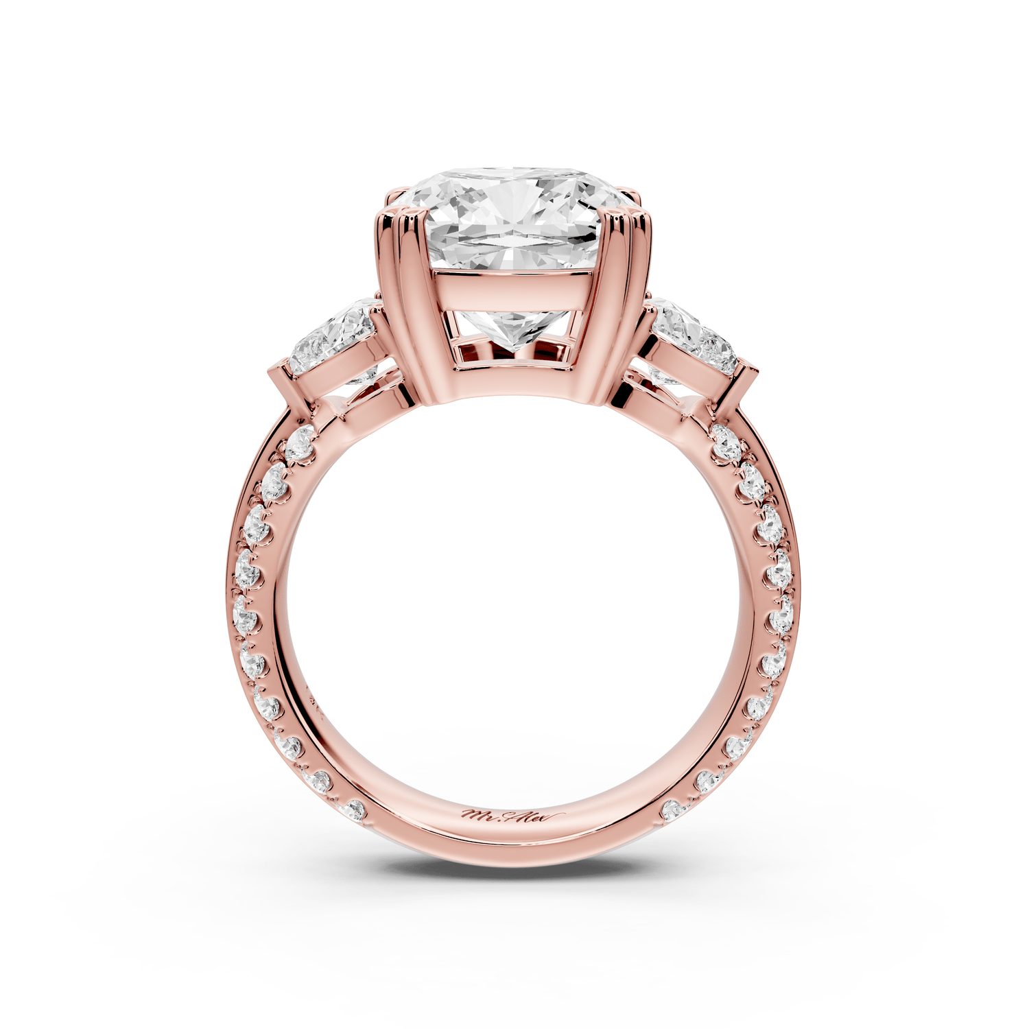 Elinor - 4ct 14k rose gold cushion diamond Double talon prongs with two heart side stones and rollover pavé engagement ring - Mr. Alex Jewelry