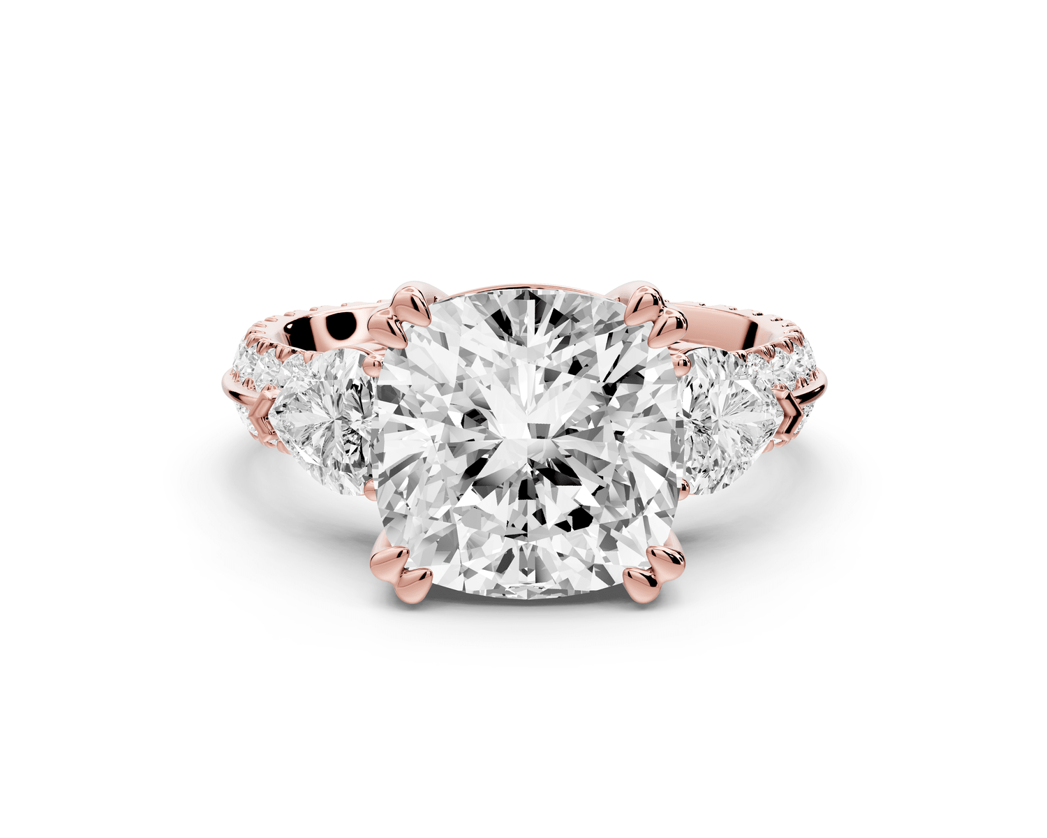 Elinor - 4ct 14k rose gold cushion diamond Double talon prongs with two heart side stones and rollover pavé engagement ring - Mr. Alex Jewelry