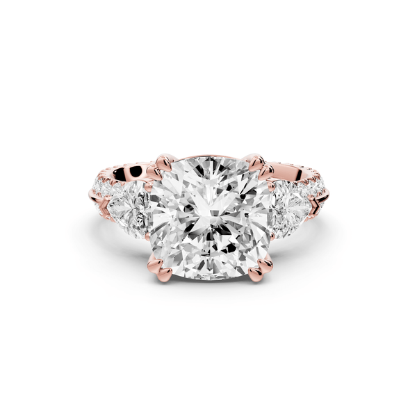Elinor - 4ct 14k rose gold cushion diamond Double talon prongs with two heart side stones and rollover pavé engagement ring - Mr. Alex Jewelry