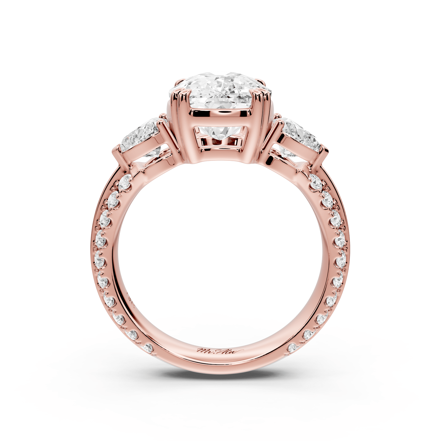 Elinor - 4ct 14k rose gold ecushion diamond Double talon prongs with two heart side stones and rollover pavé engagement ring - Mr. Alex Jewelry