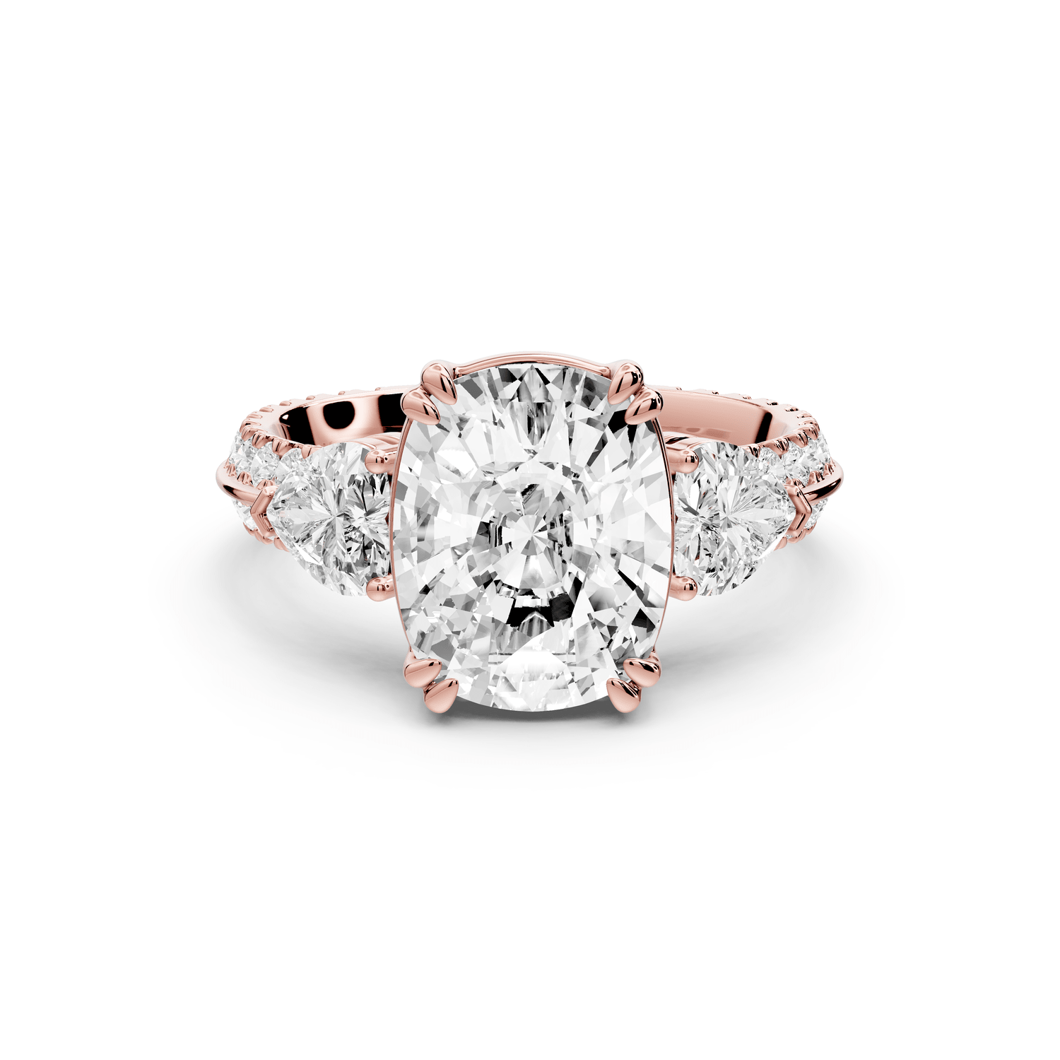 Elinor - 4ct 14k rose gold ecushion diamond Double talon prongs with two heart side stones and rollover pavé engagement ring - Mr. Alex Jewelry