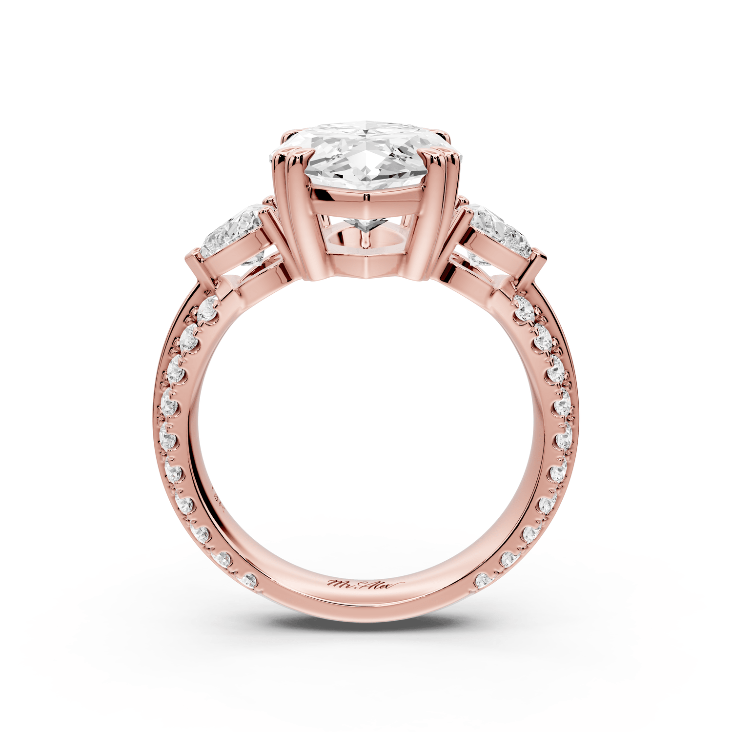 Elinor - 4ct 14k rose gold marquise diamond Double talon prongs with two heart side stones and rollover pavé engagement ring - Mr. Alex Jewelry