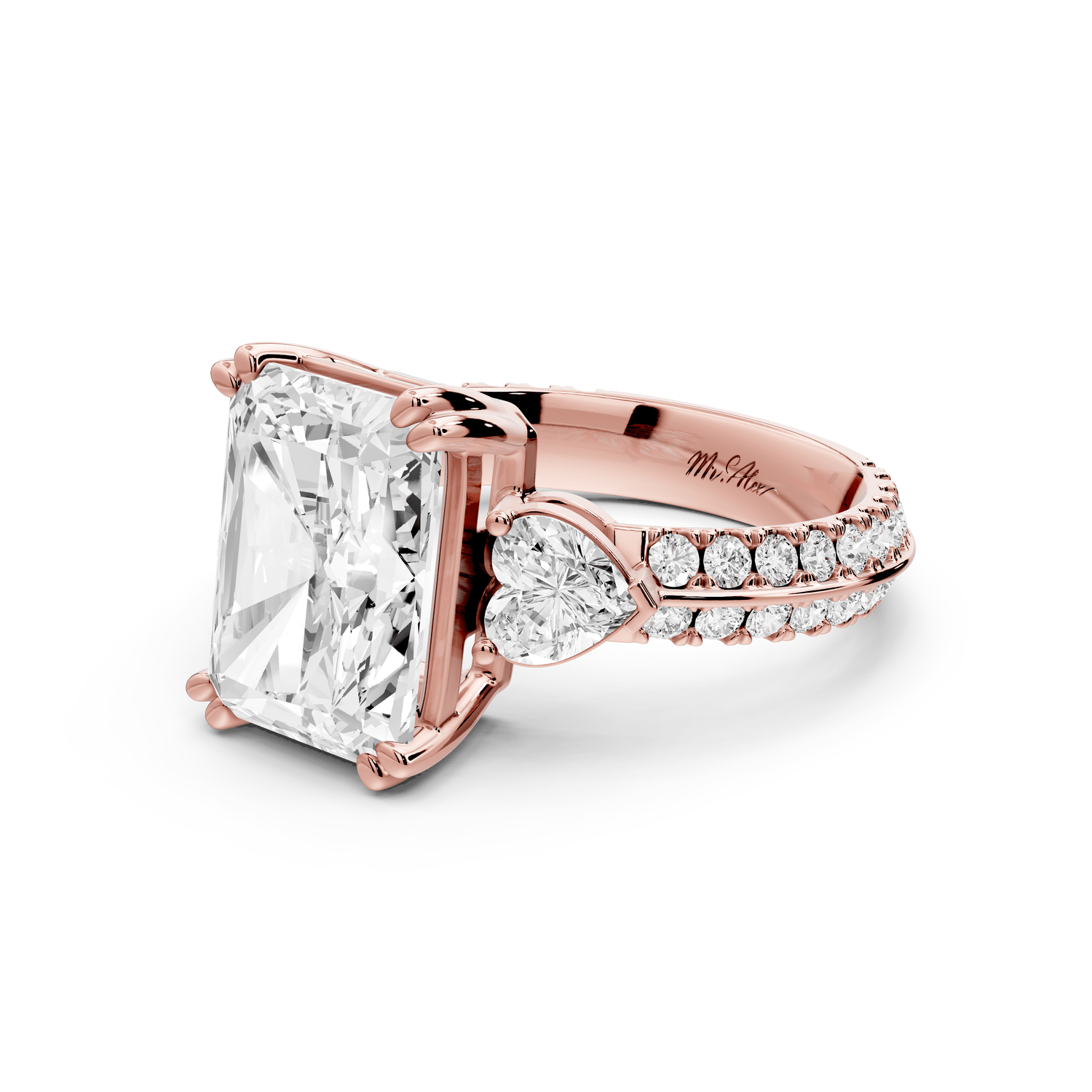 Elinor - 4ct 14k rose gold radiant diamond Double talon prongs with two heart side stones and rollover pavé engagement ring - Mr. Alex Jewelry