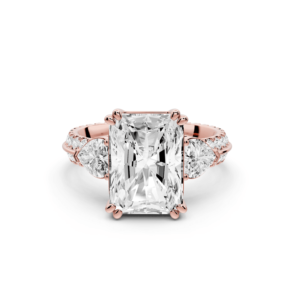 Elinor - 4ct 14k rose gold radiant diamond Double talon prongs with two heart side stones and rollover pavé engagement ring - Mr. Alex Jewelry