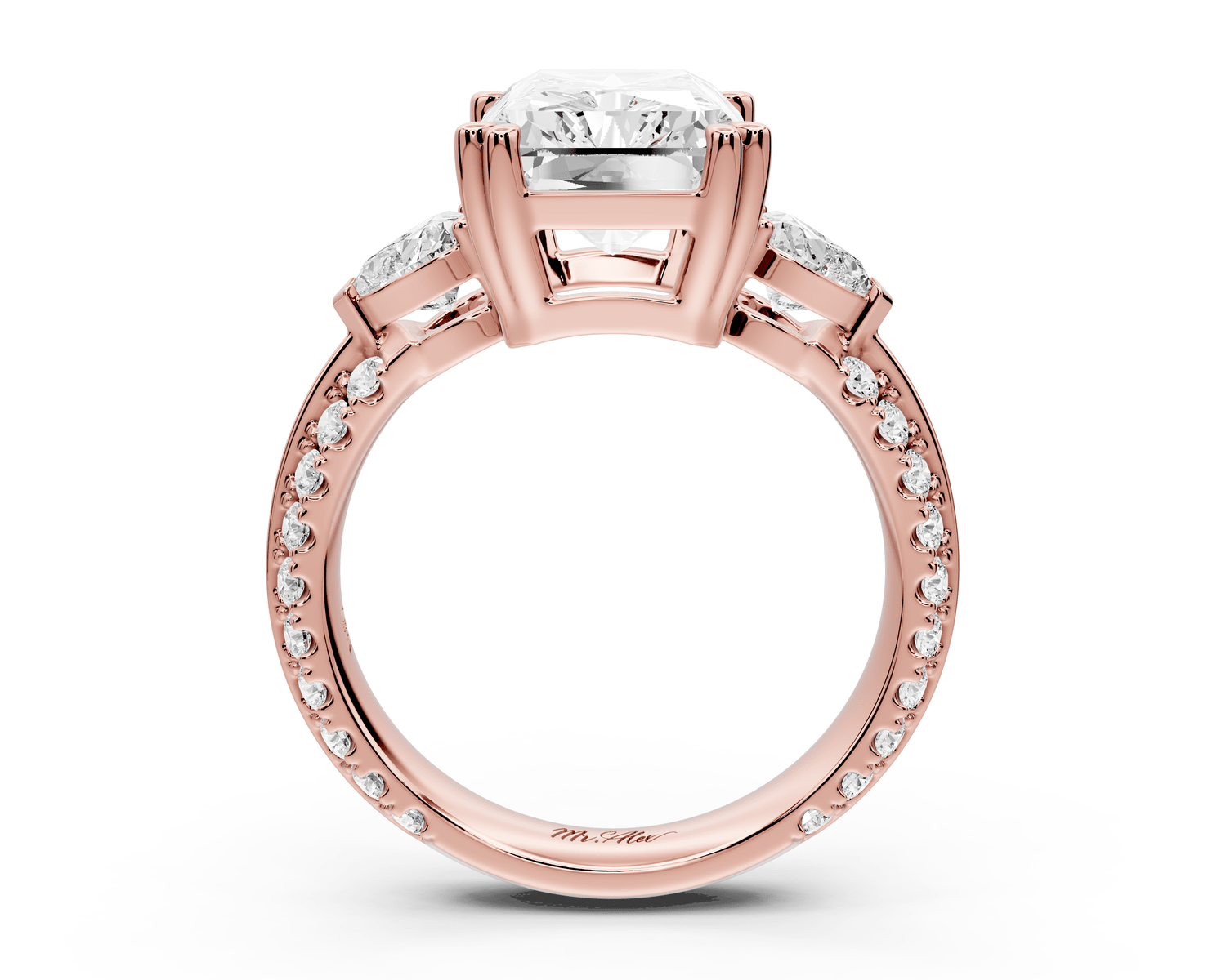 Elinor - 4ct 14k rose gold radiant diamond Double talon prongs with two heart side stones and rollover pavé engagement ring - Mr. Alex Jewelry