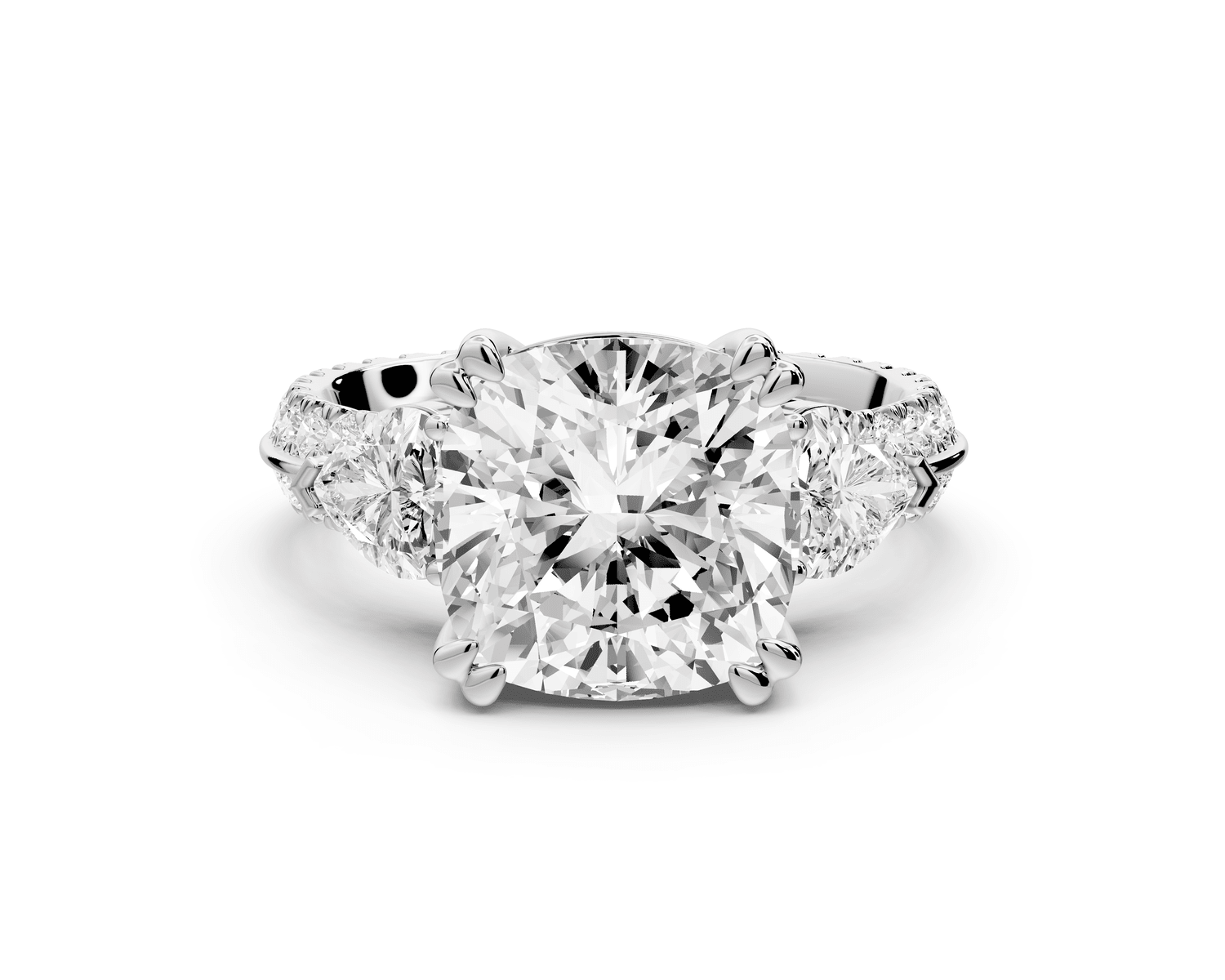 Elinor - 4ct 14k white gold cushion diamond Double talon prongs with two heart side stones and rollover pavé engagement ring - Mr. Alex Jewelry