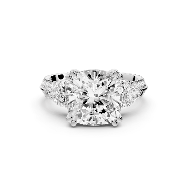 Elinor - 4ct 14k white gold cushion diamond Double talon prongs with two heart side stones and rollover pavé engagement ring - Mr. Alex Jewelry