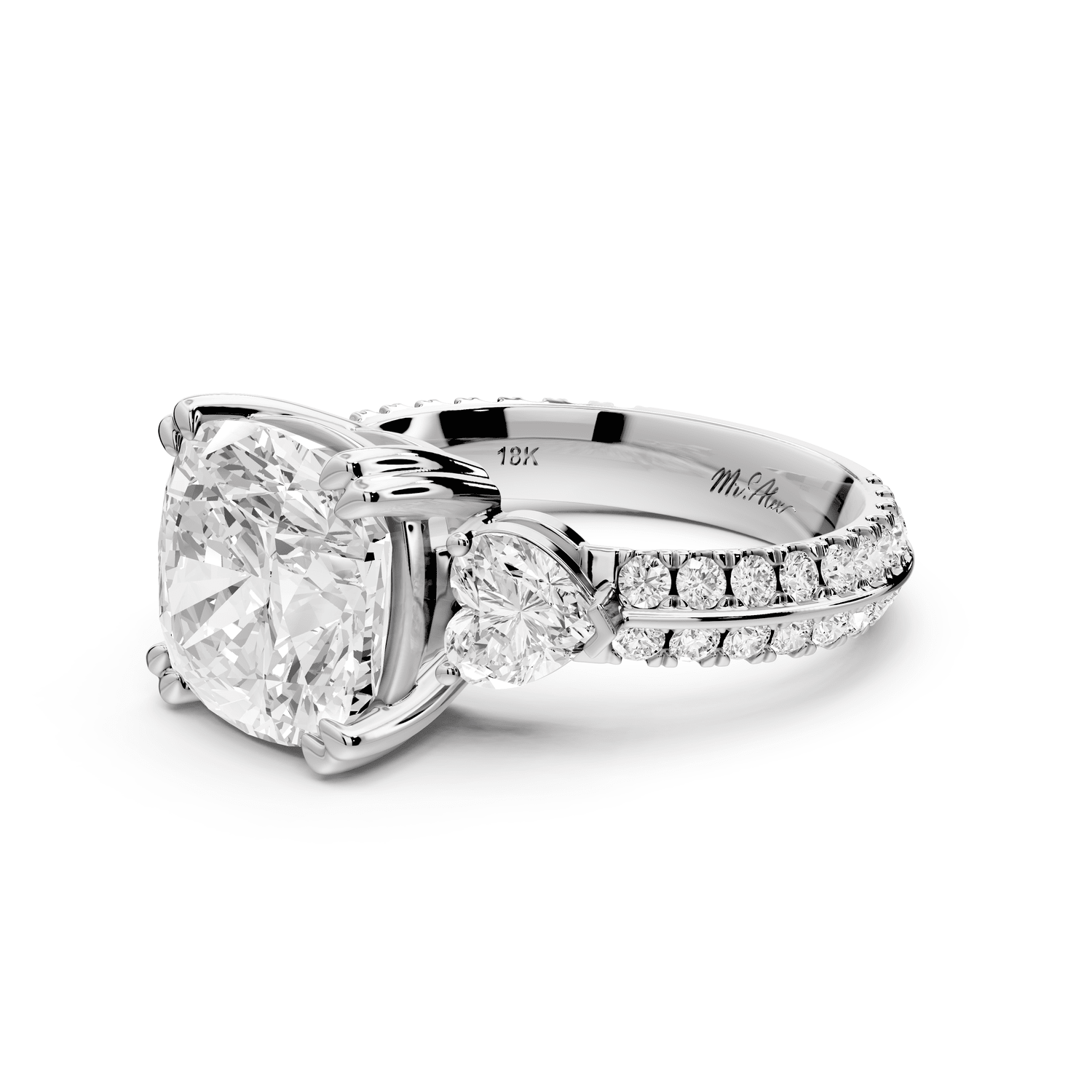 Elinor - 4ct 14k white gold cushion diamond Double talon prongs with two heart side stones and rollover pavé engagement ring - Mr. Alex Jewelry