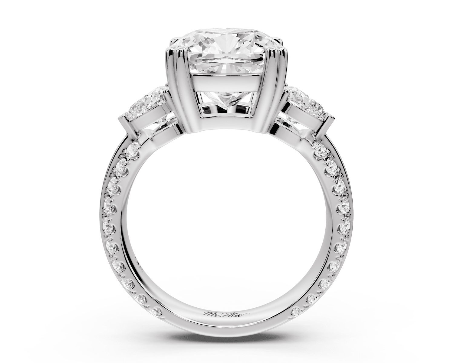 Elinor - 4ct 14k white gold cushion diamond Double talon prongs with two heart side stones and rollover pavé engagement ring - Mr. Alex Jewelry