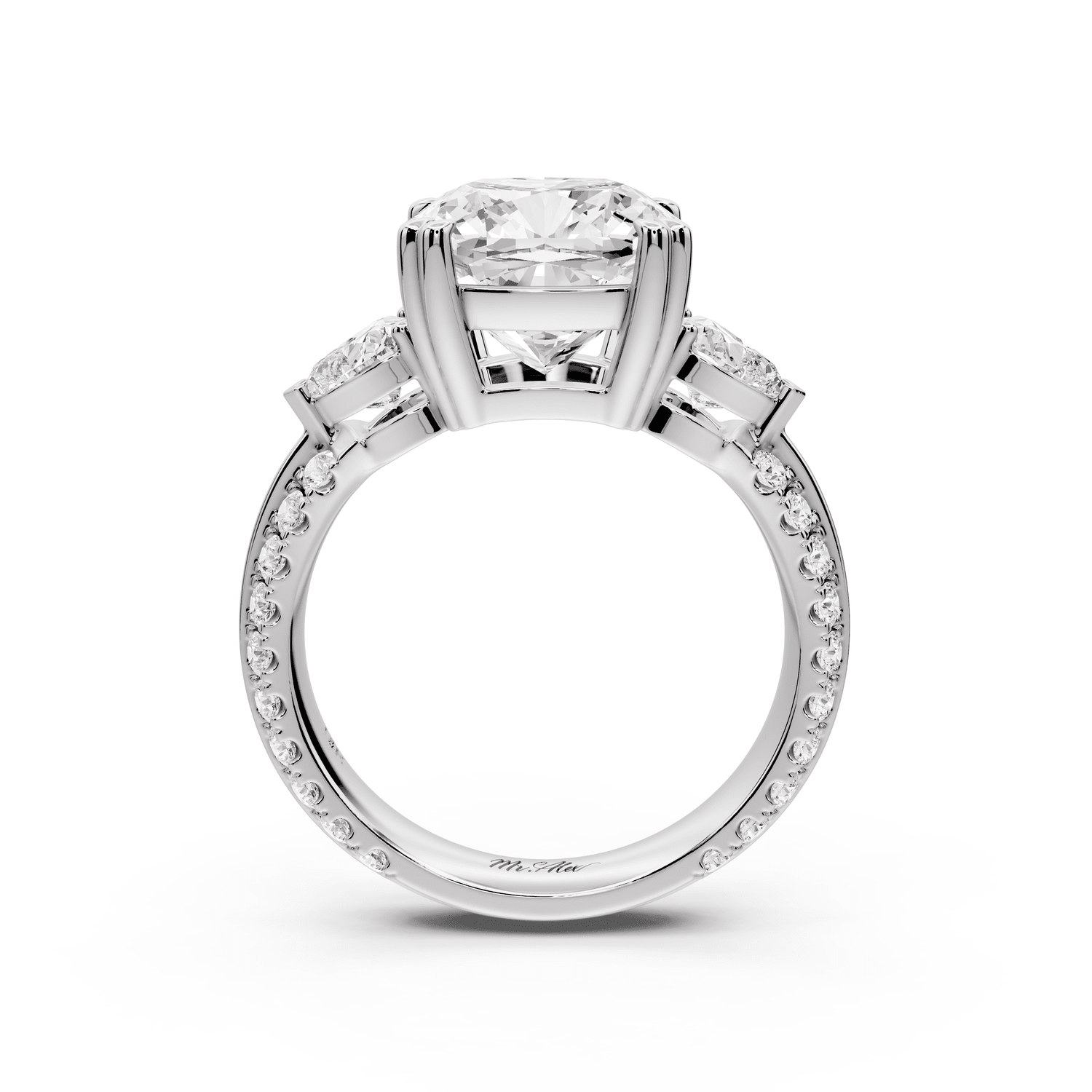 Elinor - 4ct 14k white gold cushion diamond Double talon prongs with two heart side stones and rollover pavé engagement ring - Mr. Alex Jewelry