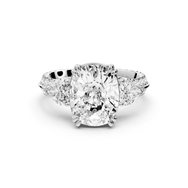 Elinor - 4ct 14k white gold ecushion diamond Double talon prongs with two heart side stones and rollover pavé engagement ring - Mr. Alex Jewelry
