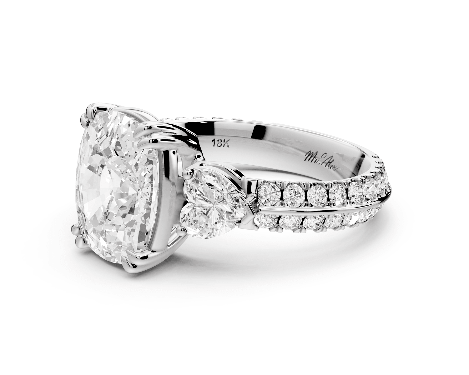 Elinor - 4ct 14k white gold ecushion diamond Double talon prongs with two heart side stones and rollover pavé engagement ring - Mr. Alex Jewelry