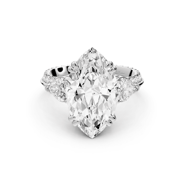 Elinor - 4ct 14k white gold marquise diamond Double talon prongs with two heart side stones and rollover pavé engagement ring - Mr. Alex Jewelry