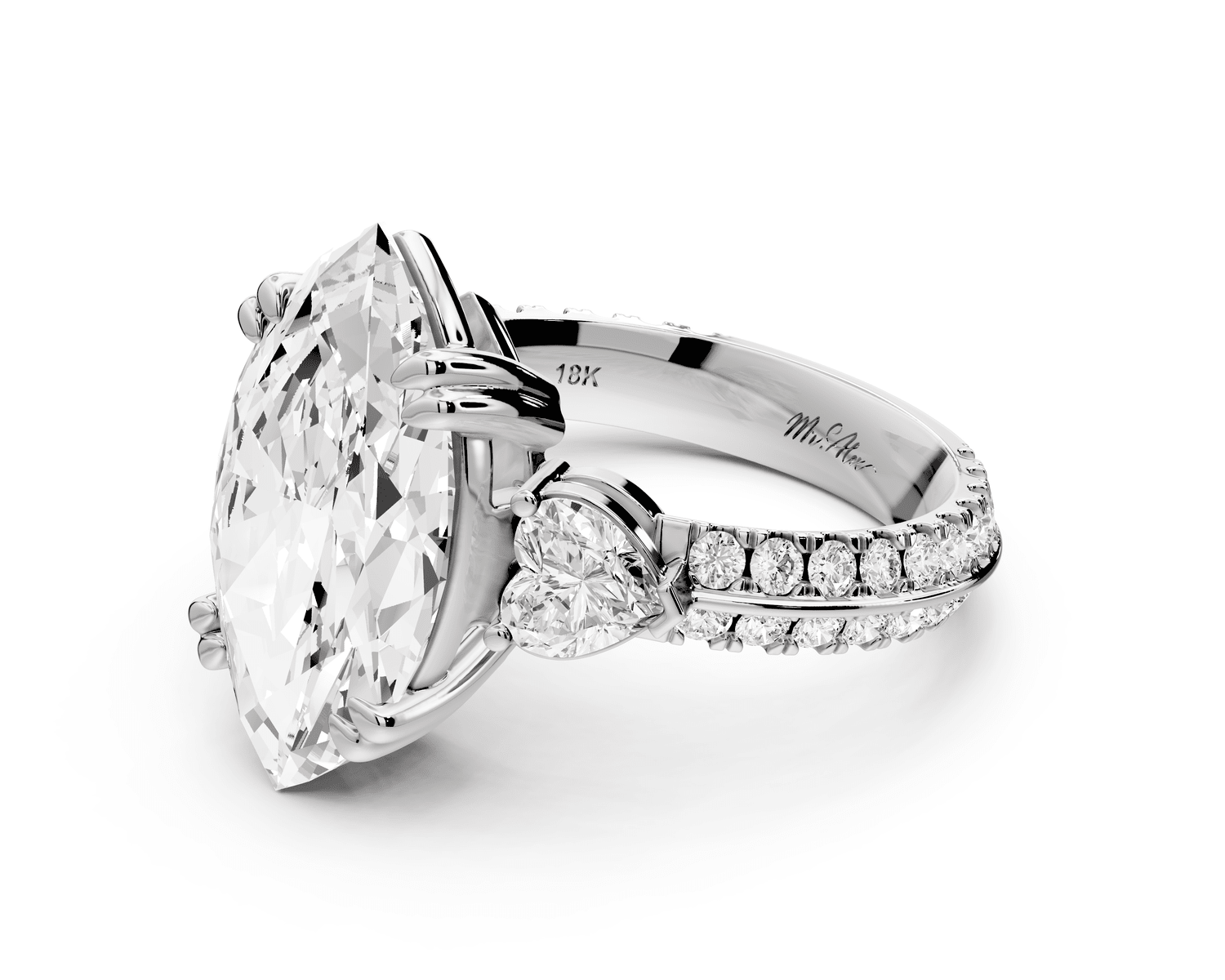 Elinor - 4ct 14k white gold marquise diamond Double talon prongs with two heart side stones and rollover pavé engagement ring - Mr. Alex Jewelry