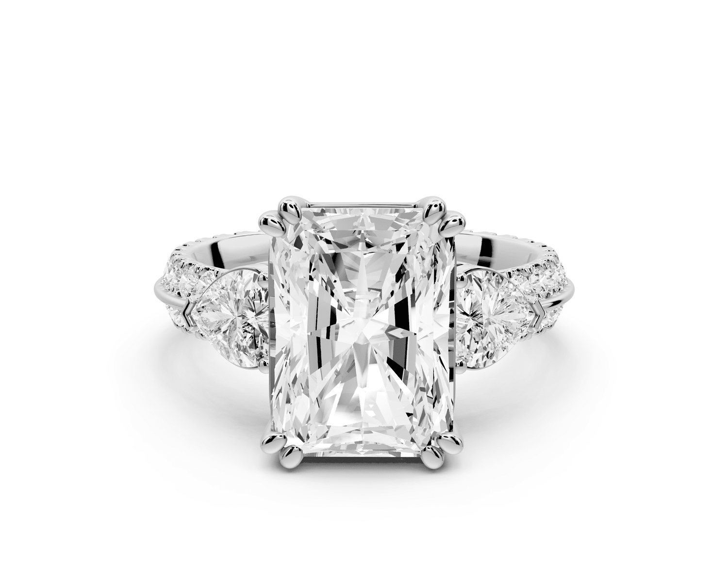 Elinor - 4ct 14k white gold radiant diamond Double talon prongs with two heart side stones and rollover pavé engagement ring - Mr. Alex Jewelry