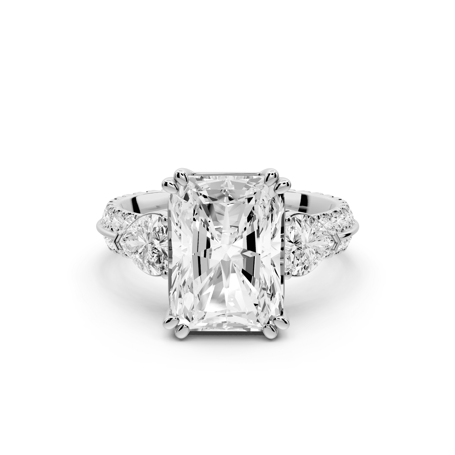 Elinor - 4ct 14k white gold radiant diamond Double talon prongs with two heart side stones and rollover pavé engagement ring - Mr. Alex Jewelry