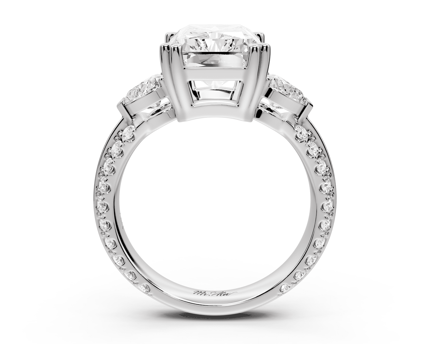 Elinor - 4ct 14k white gold radiant diamond Double talon prongs with two heart side stones and rollover pavé engagement ring - Mr. Alex Jewelry
