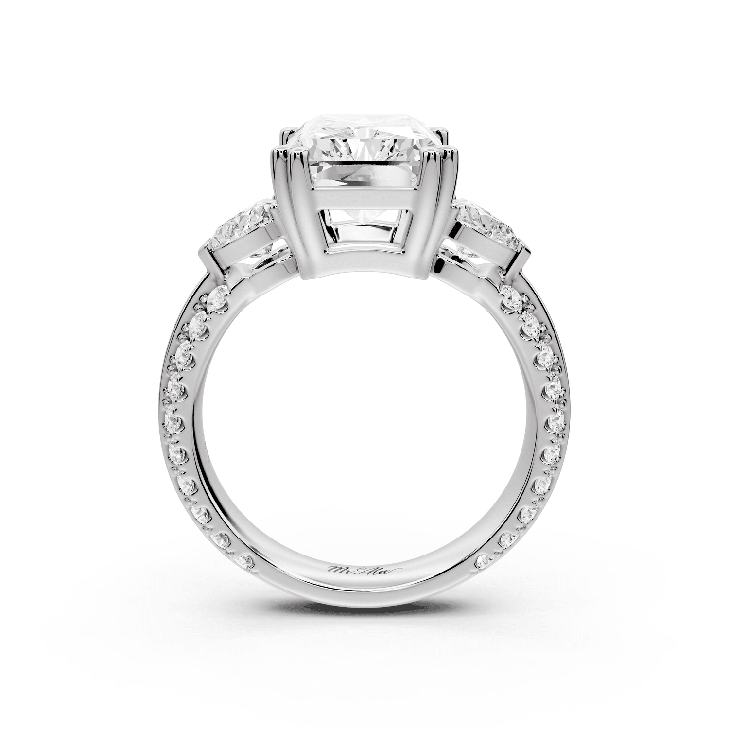 Elinor - 4ct 14k white gold radiant diamond Double talon prongs with two heart side stones and rollover pavé engagement ring - Mr. Alex Jewelry