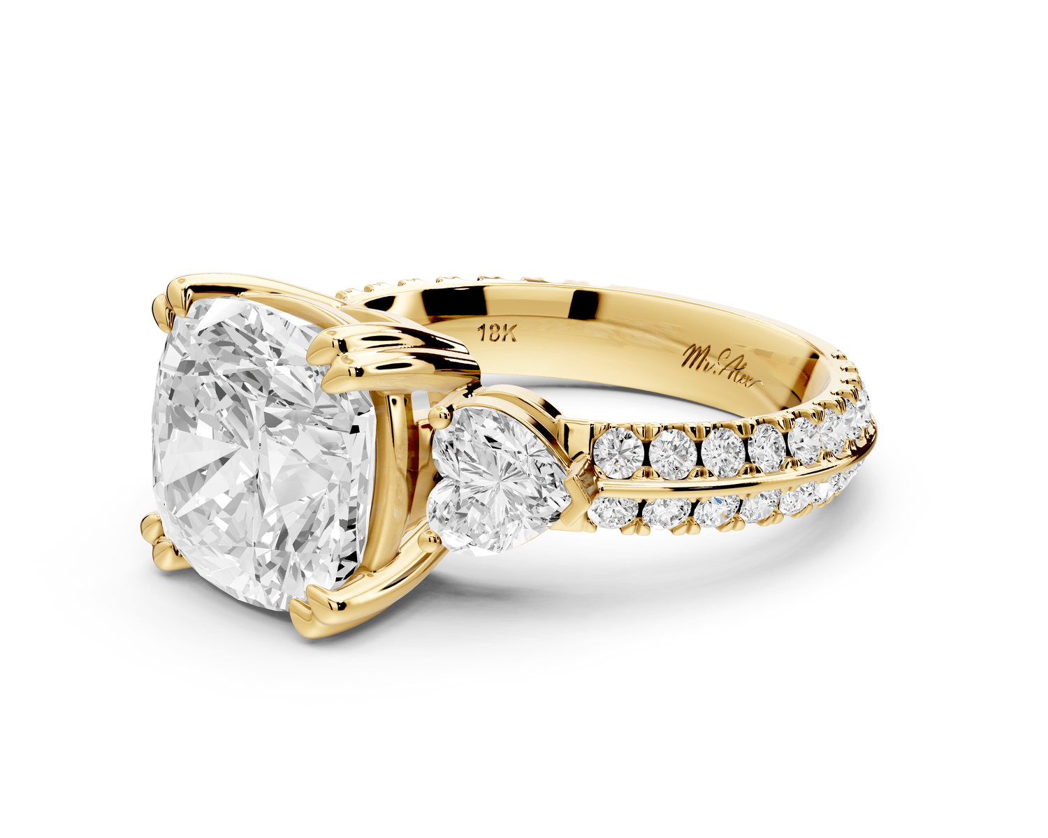 Elinor - 4ct 14k yellow gold cushion diamond Double talon prongs with two heart side stones and rollover pavé engagement ring - Mr. Alex Jewelry