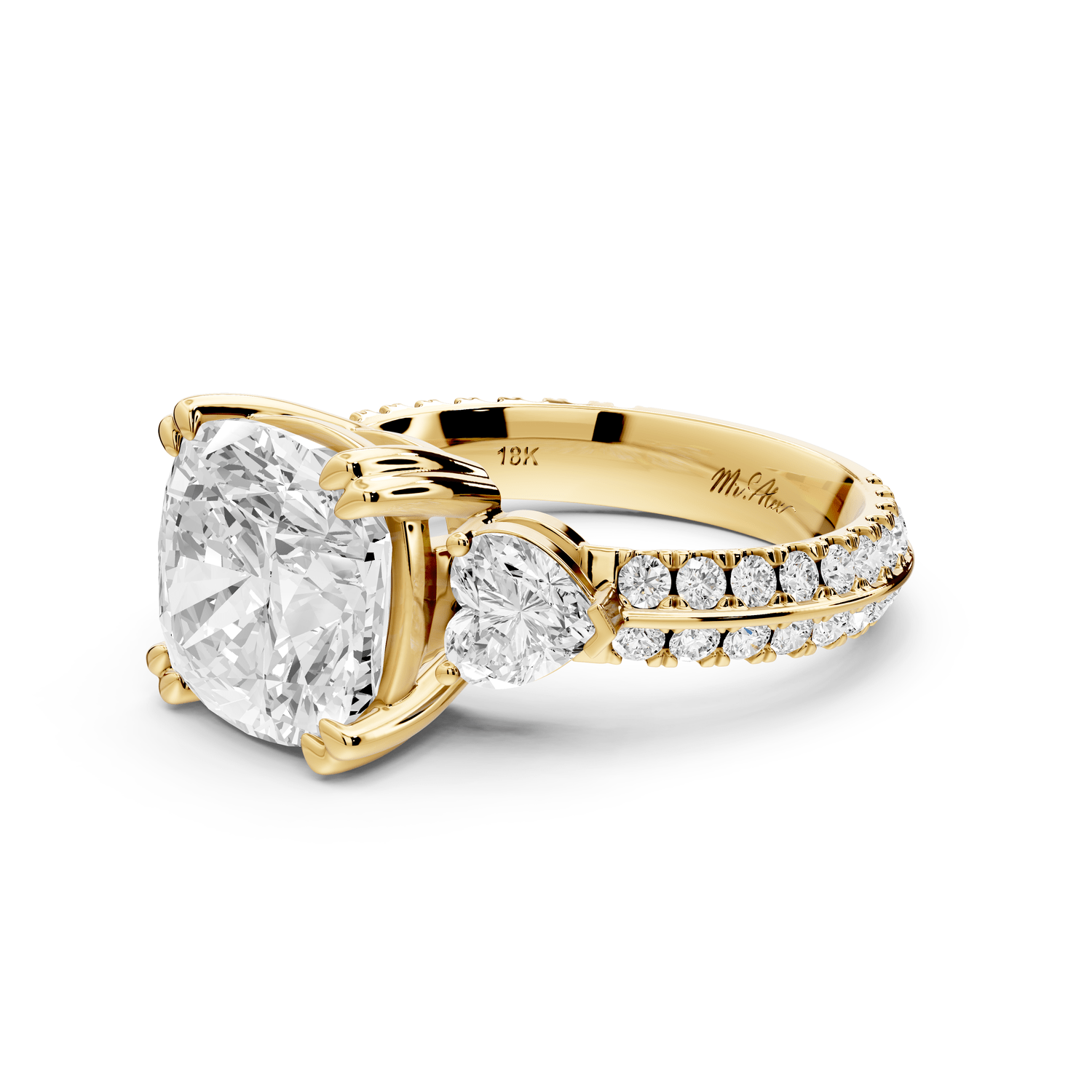 Elinor - 4ct 14k yellow gold cushion diamond Double talon prongs with two heart side stones and rollover pavé engagement ring - Mr. Alex Jewelry