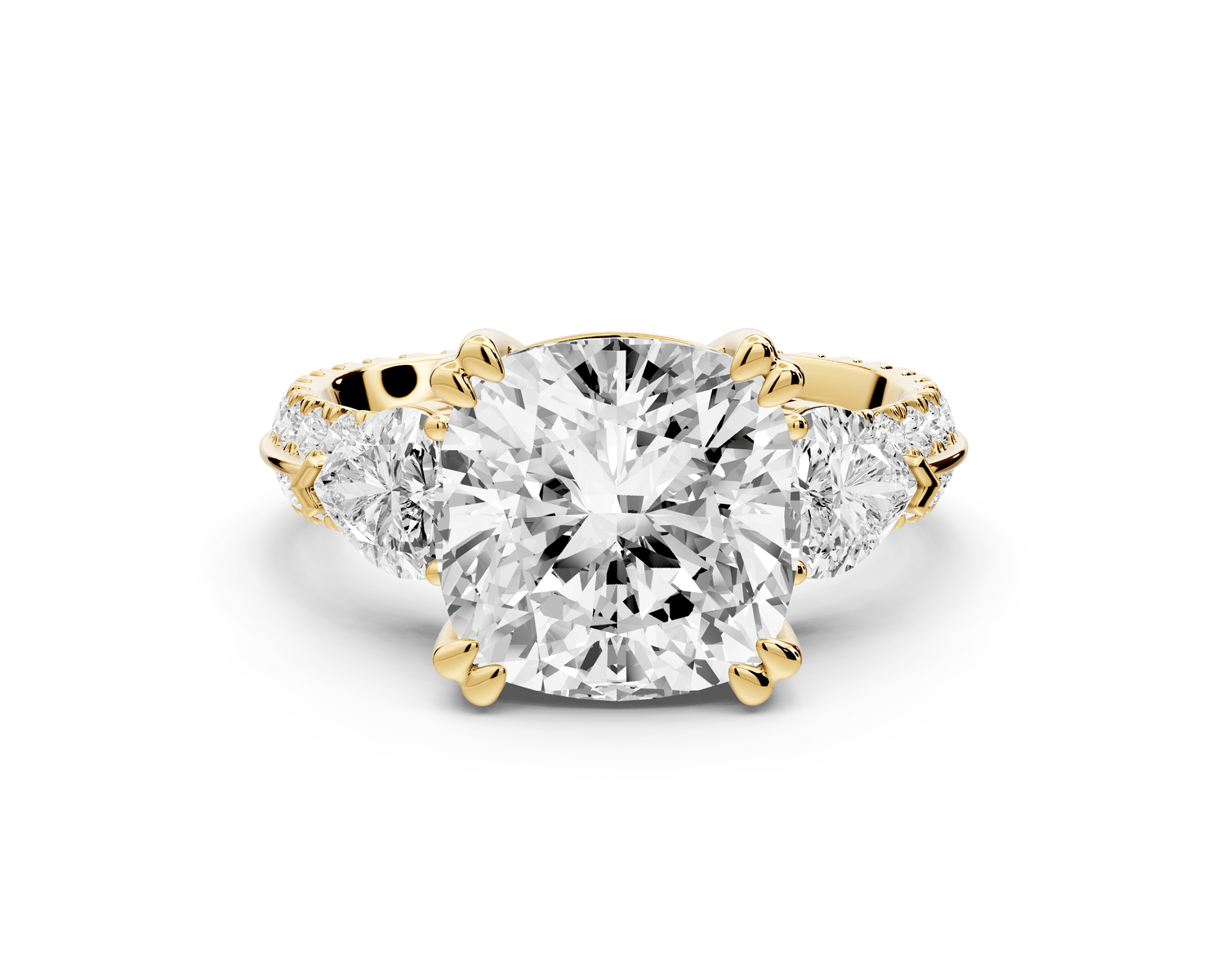 Elinor - 4ct 14k yellow gold cushion diamond Double talon prongs with two heart side stones and rollover pavé engagement ring - Mr. Alex Jewelry