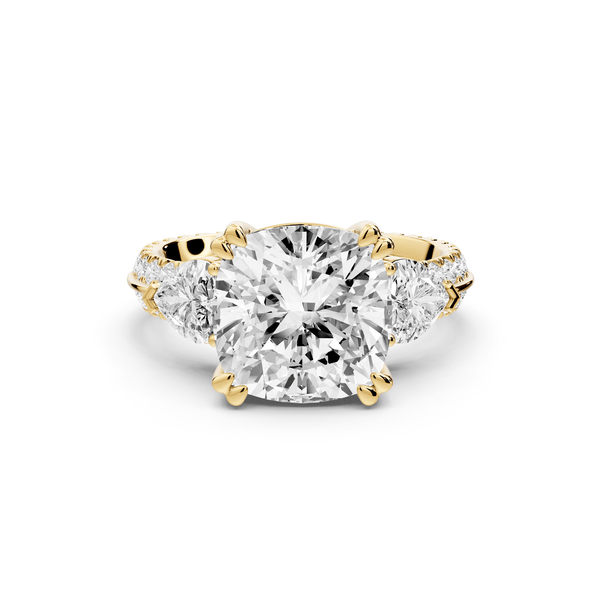 Elinor - 4ct 14k yellow gold cushion diamond Double talon prongs with two heart side stones and rollover pavé engagement ring - Mr. Alex Jewelry
