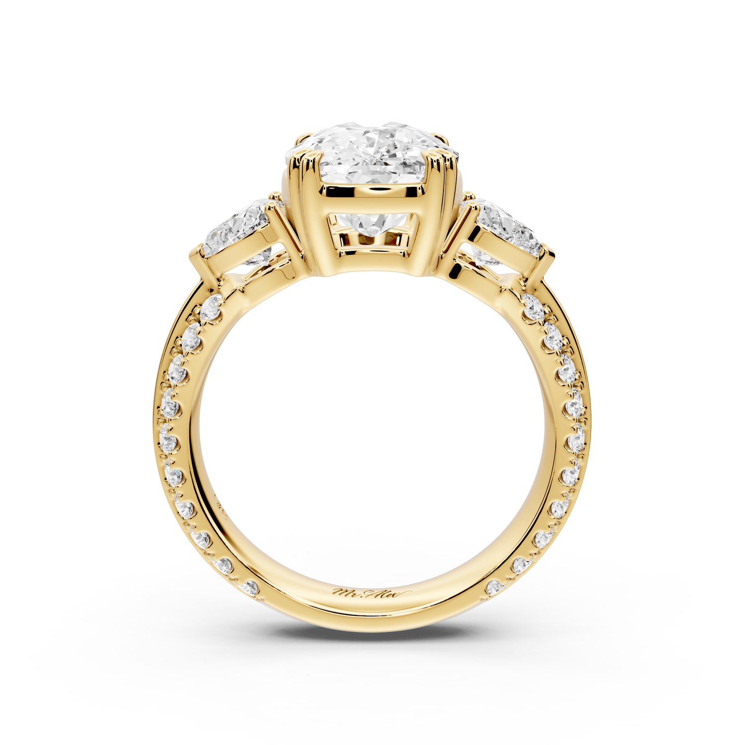 Elinor - 4ct 14k yellow gold ecushion diamond Double talon prongs with two heart side stones and rollover pavé engagement ring - Mr. Alex Jewelry