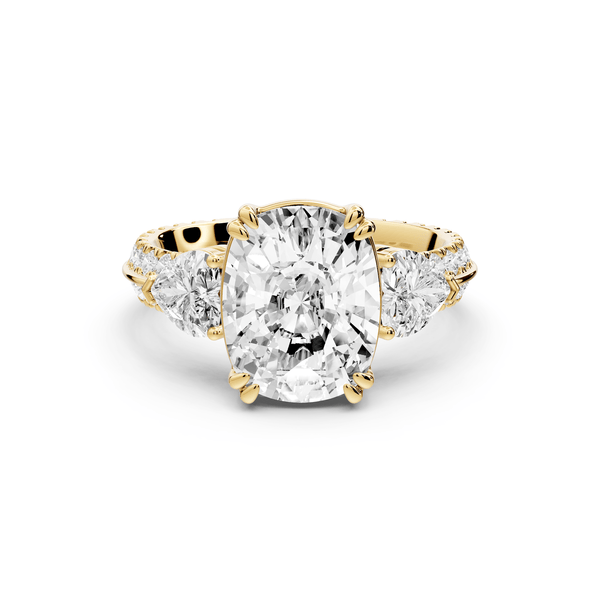 Elinor - 4ct 14k yellow gold ecushion diamond Double talon prongs with two heart side stones and rollover pavé engagement ring - Mr. Alex Jewelry