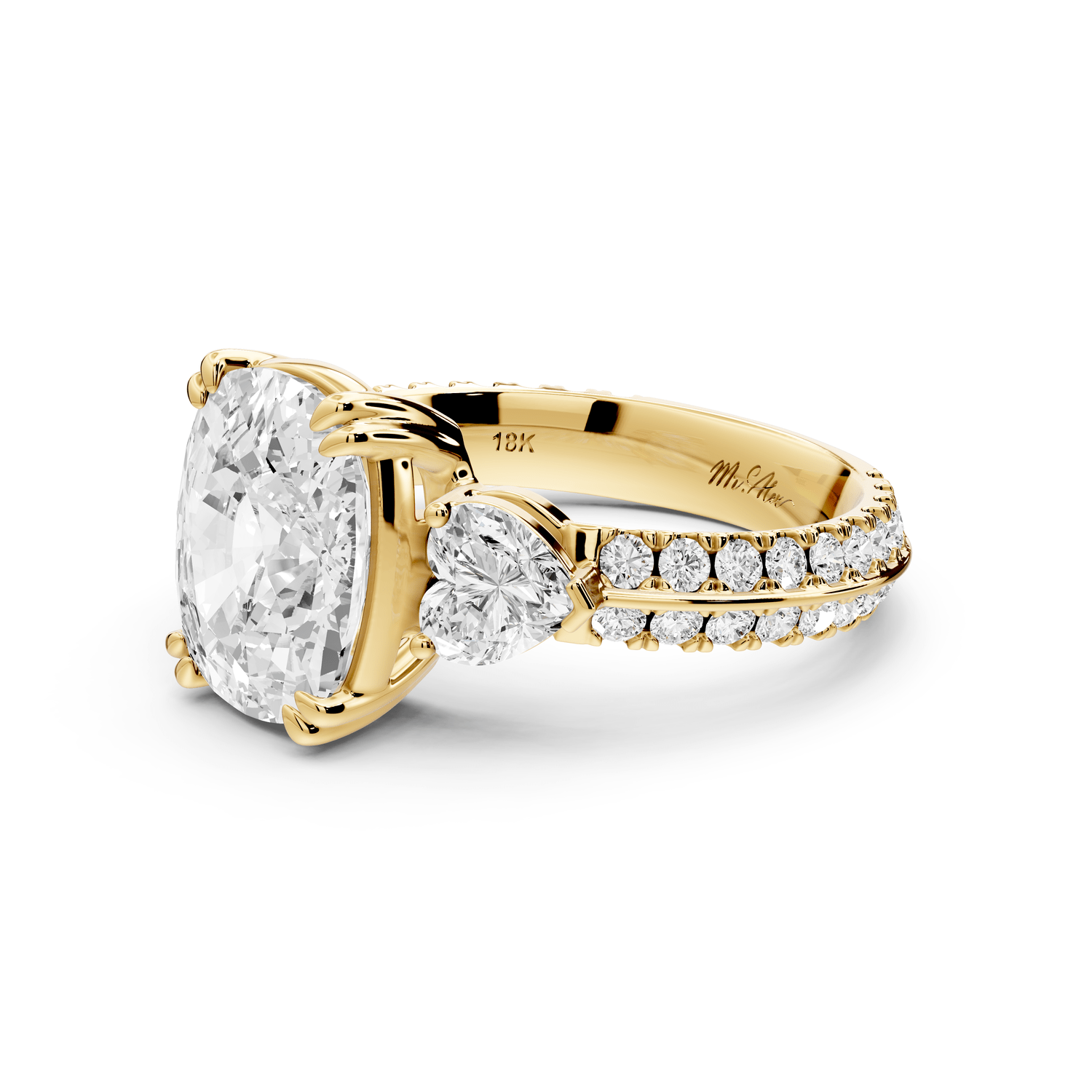 Elinor - 4ct 14k yellow gold ecushion diamond Double talon prongs with two heart side stones and rollover pavé engagement ring - Mr. Alex Jewelry