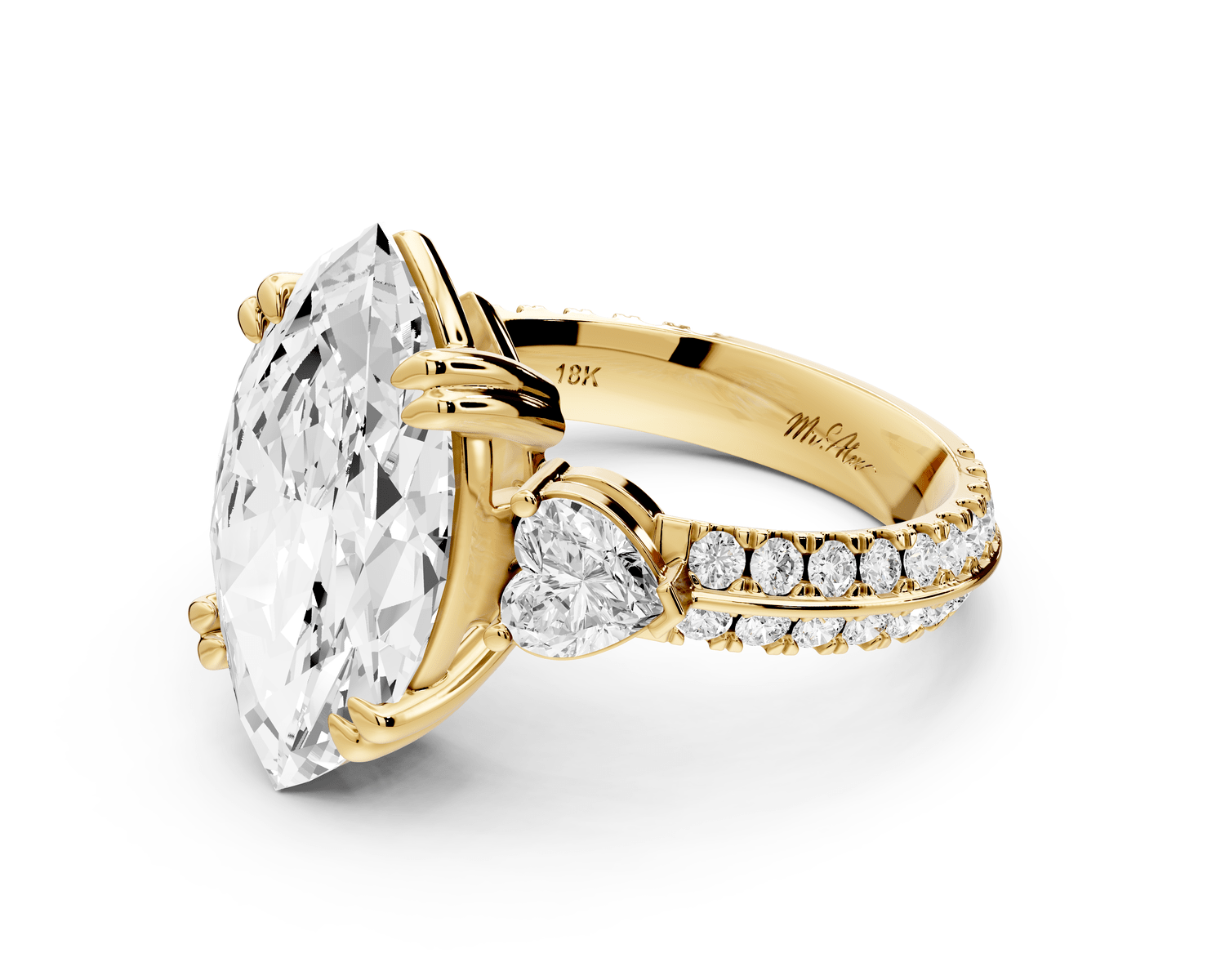 Elinor - 4ct 14k yellow gold marquise diamond Double talon prongs with two heart side stones and rollover pavé engagement ring - Mr. Alex Jewelry