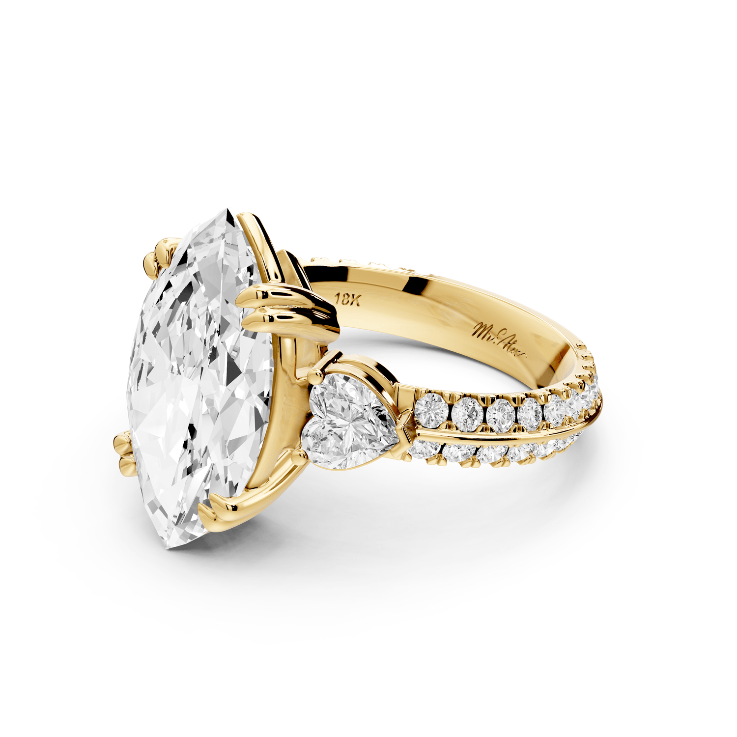 Elinor - 4ct 14k yellow gold marquise diamond Double talon prongs with two heart side stones and rollover pavé engagement ring - Mr. Alex Jewelry