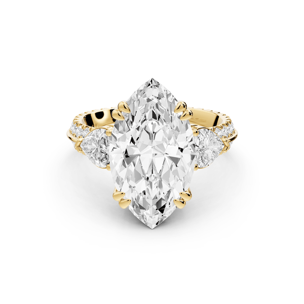 Elinor - 4ct 14k yellow gold marquise diamond Double talon prongs with two heart side stones and rollover pavé engagement ring - Mr. Alex Jewelry