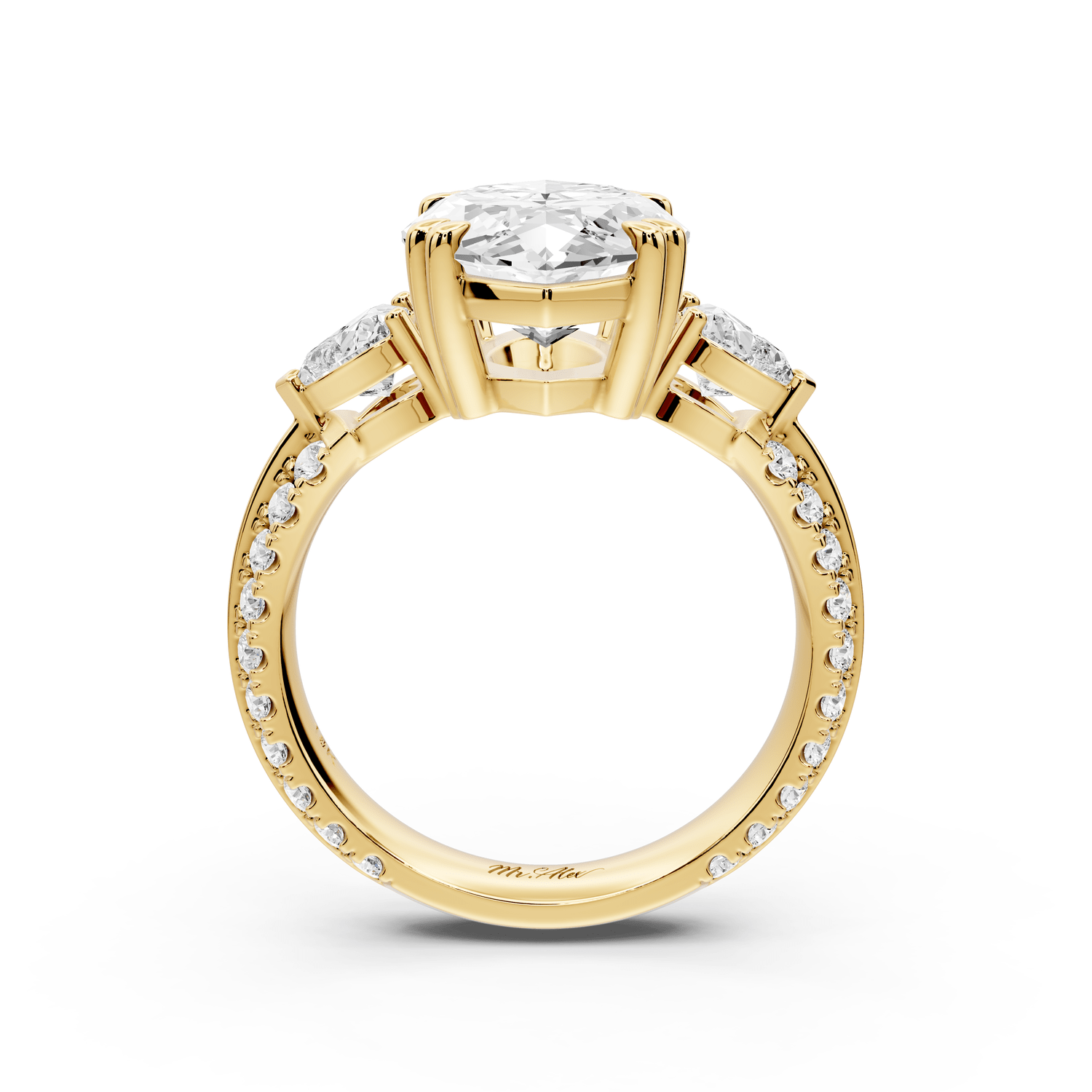 Elinor - 4ct 14k yellow gold marquise diamond Double talon prongs with two heart side stones and rollover pavé engagement ring - Mr. Alex Jewelry