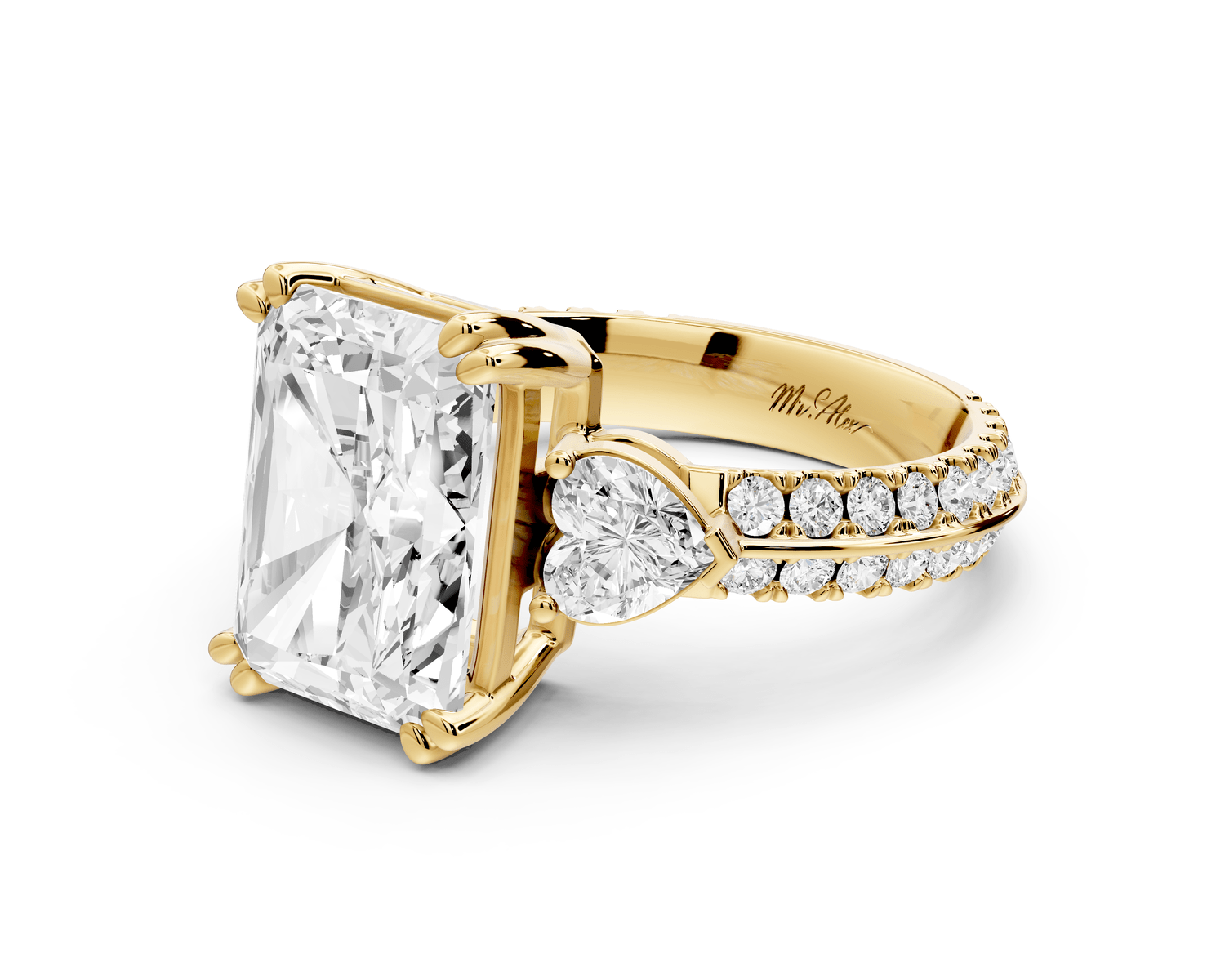 Elinor - 4ct 14k yellow gold radiant diamond Double talon prongs with two heart side stones and rollover pavé engagement ring - Mr. Alex Jewelry