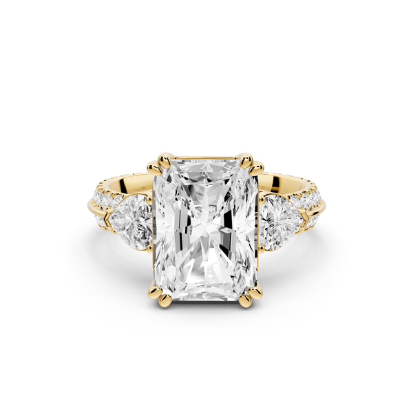 Elinor - 4ct 14k yellow gold radiant diamond Double talon prongs with two heart side stones and rollover pavé engagement ring - Mr. Alex Jewelry