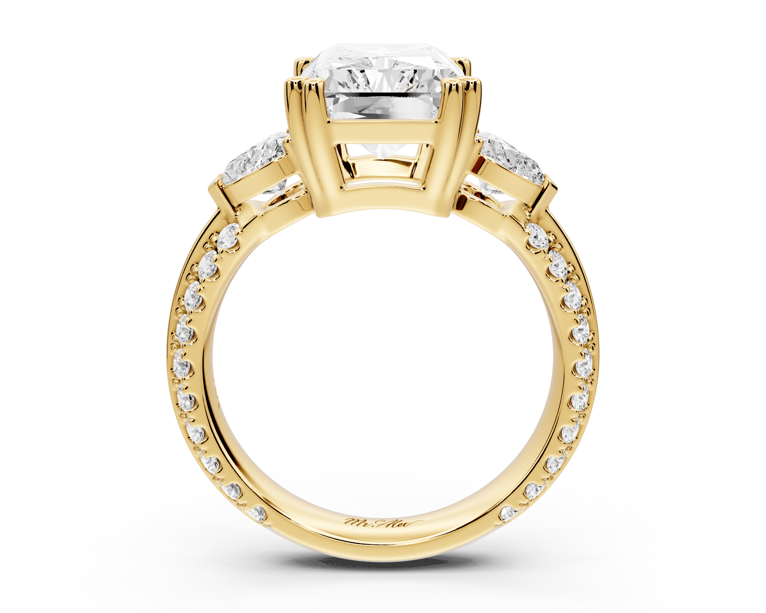 Elinor - 4ct 14k yellow gold radiant diamond Double talon prongs with two heart side stones and rollover pavé engagement ring - Mr. Alex Jewelry