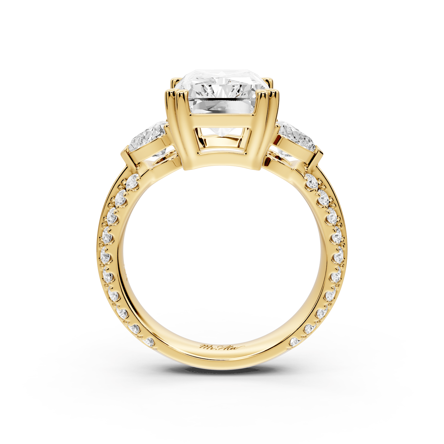 Elinor - 4ct 14k yellow gold radiant diamond Double talon prongs with two heart side stones and rollover pavé engagement ring - Mr. Alex Jewelry