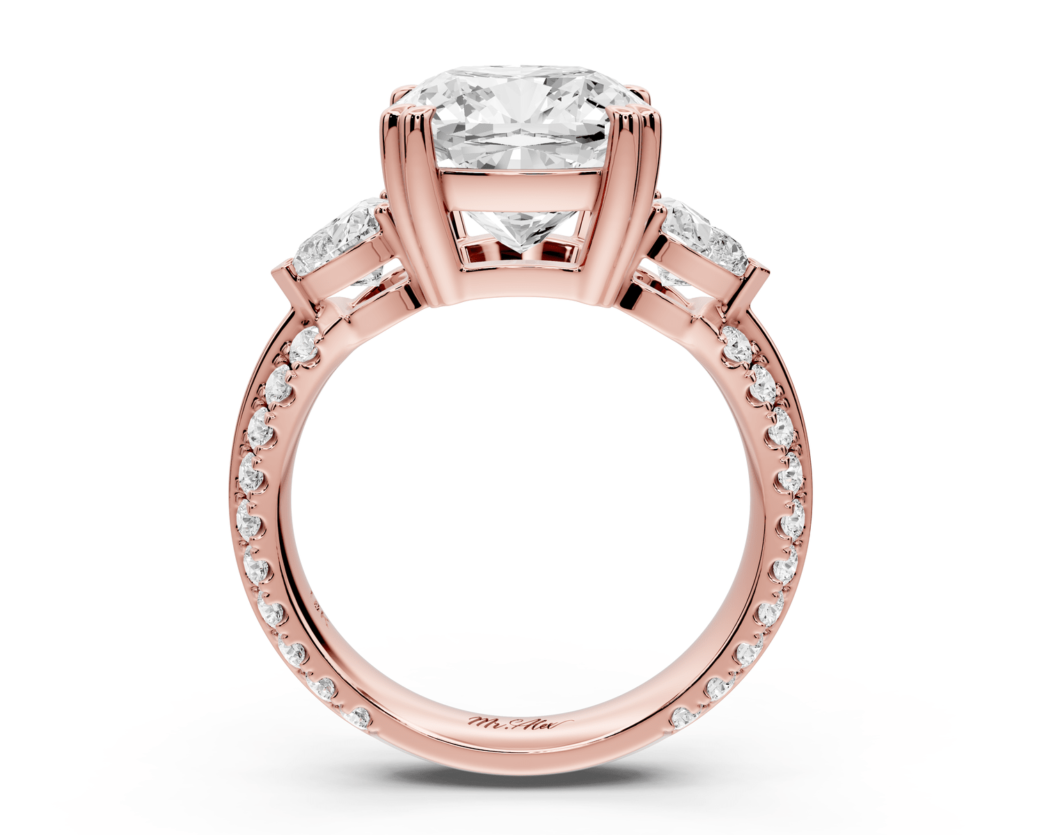Elinor - 4ct 18k rose gold cushion diamond Double talon prongs with two heart side stones and rollover pavé engagement ring - Mr. Alex Jewelry