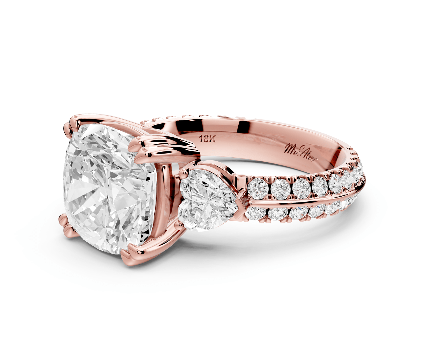 Elinor - 4ct 18k rose gold cushion diamond Double talon prongs with two heart side stones and rollover pavé engagement ring - Mr. Alex Jewelry