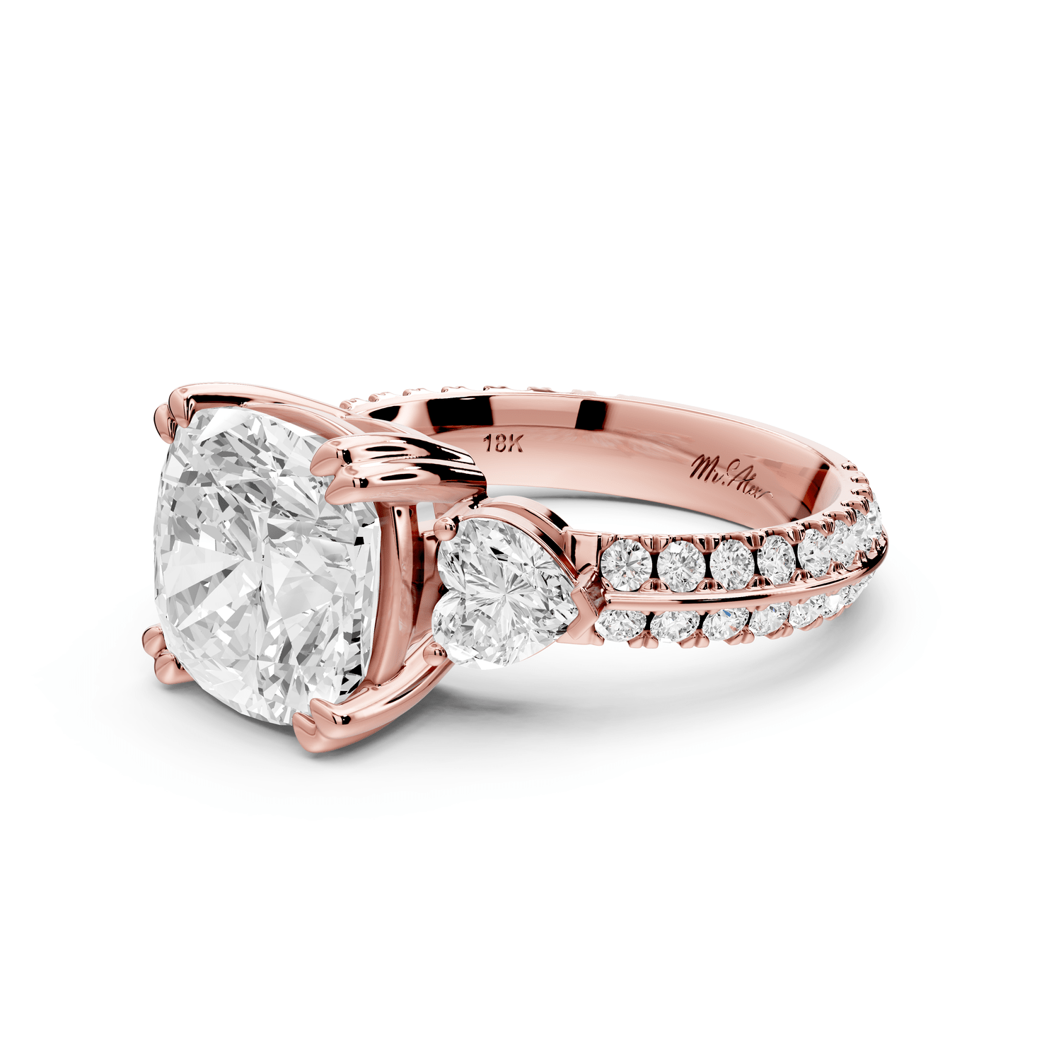Elinor - 4ct 18k rose gold cushion diamond Double talon prongs with two heart side stones and rollover pavé engagement ring - Mr. Alex Jewelry